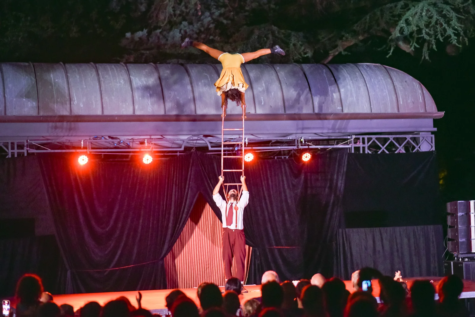 Actuación nocturna del dúo con una escalera acrobática